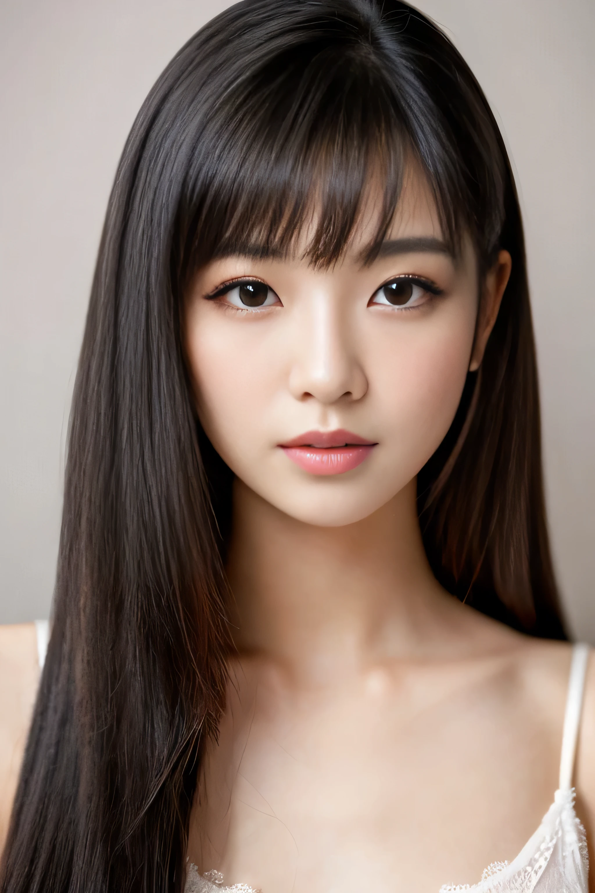 1 girl (She was made to sit upright and stare at the man's genitals with her eyes closed and a blissful expression.) (((Very long black hair 1.3))) ((highest quality)), ((masterpiece)), ((Shooting from the chest up)) perfect beautiful face (The most beautiful Japanese 18 year old beauties) (Neatly trimmed princess cut bangs) ridiculously long hair, black shiny hair, Very shiny, unusually long hair, 厚く輝くunusually long black hair,Jet black silky hair Her hair is very long and straight very long, Thin black hair down to the waist, get used to that unusually long black hair, unusually long black hair, Very long black hair ((Rich 1.4)) beautifull get used to that face 8K (Ultra-fine skin texture 1.4) (actual, lively:1.4), double eyelid sharp focus:1.2、Beautiful woman:1.4 The whole body is super beautiful々New skin texture ((Detailed sexy makeup)) Unique Japanese faces Lipstick is red Japan body type that'she's room.。There are white walls and a white bed.. professional lighting she'Wearing white sheer lingerie