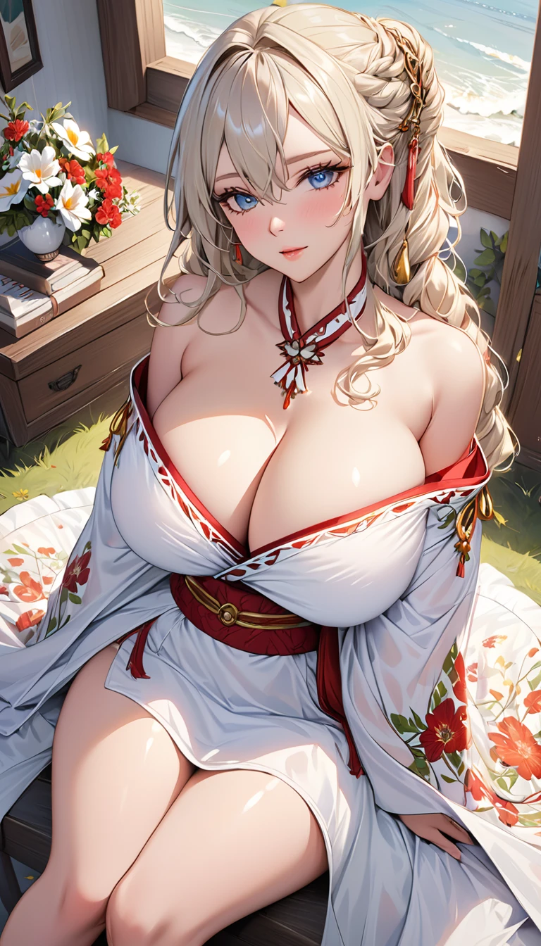 masterpiece:1.4,best-quality,Super Detail,Very Delicate and Beautiful,((( nsfw, oirann, kimono ))), very gigantic breasts, cleavage, very slender, beautiful woman