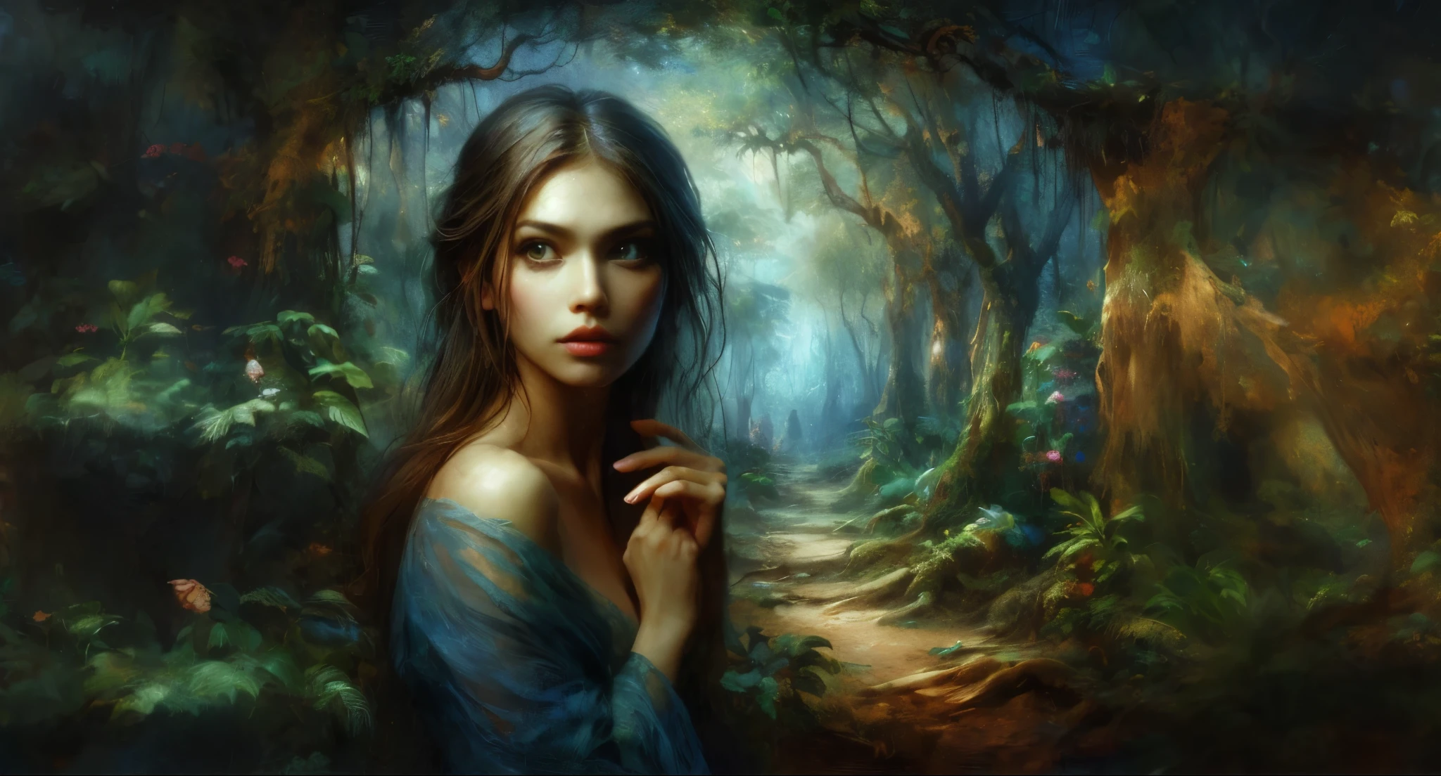 Mysterious beautiful woman in the jungle、Beautiful landscape of jungle like Henri Rousseau's painting、Healing, fantastical and realistic expressions、Artistic expression of oil painting、random composition、fantasy illustration、fairy tale、((highest quality)), ((High resolution 16k)), ((The woman and the background are realistic and beautiful.)), --automatic