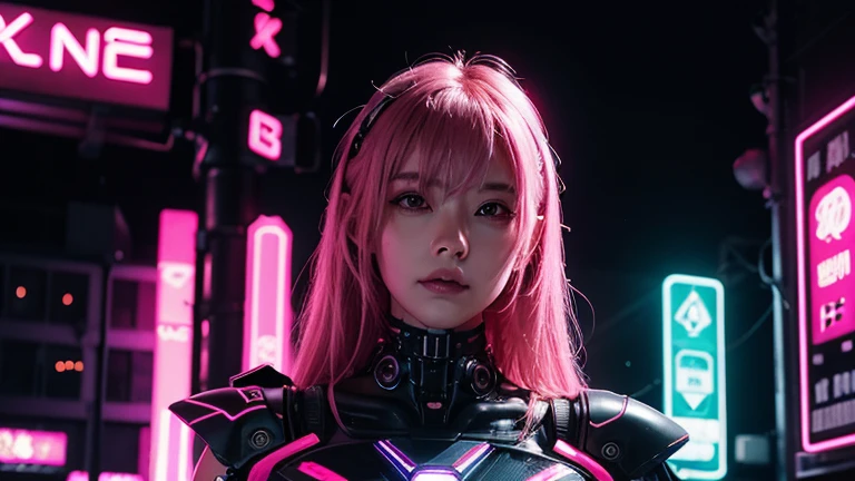 1 girl, pink neon ,robot, female cyborg , cyber punk, club,dim lighting, neon signs,fc portrait, neon,cyber punk, futuristic ,