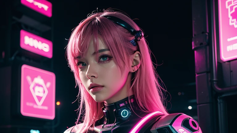 1 girl, pink neon ,robot, female cyborg , cyber punk, club,dim lighting, neon signs,fc portrait, neon,cyber punk, futuristic ,