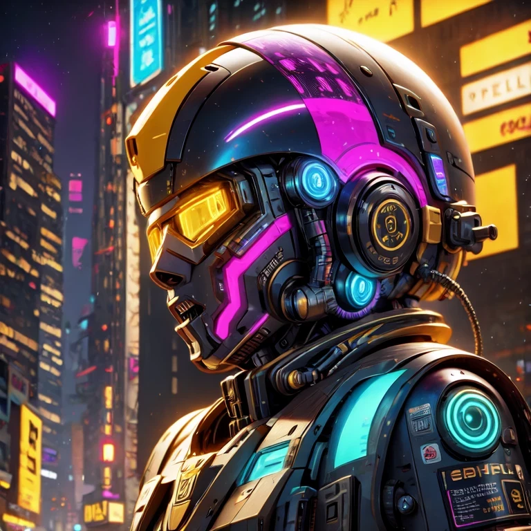 side close-up，a close up of a robot with a glowing head and a purple background, cyber mech, in style of beeple, cyberpunk pikachu, style hybrid mix of beeple, 3 d render beeple, cute elaborate epic robot, beeple masterpiece, cyberpunk art style, yellow mech, beeple!!, cyber steampunk 8 k 3 d（（（future）））（Telephoto Tilt-Shift）