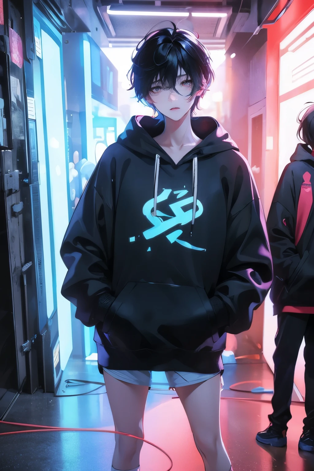 neon light、A beautiful boy is standing、black short hair、My bangs are messy、wearing a hoodie、His hands are in his hoodie pockets、