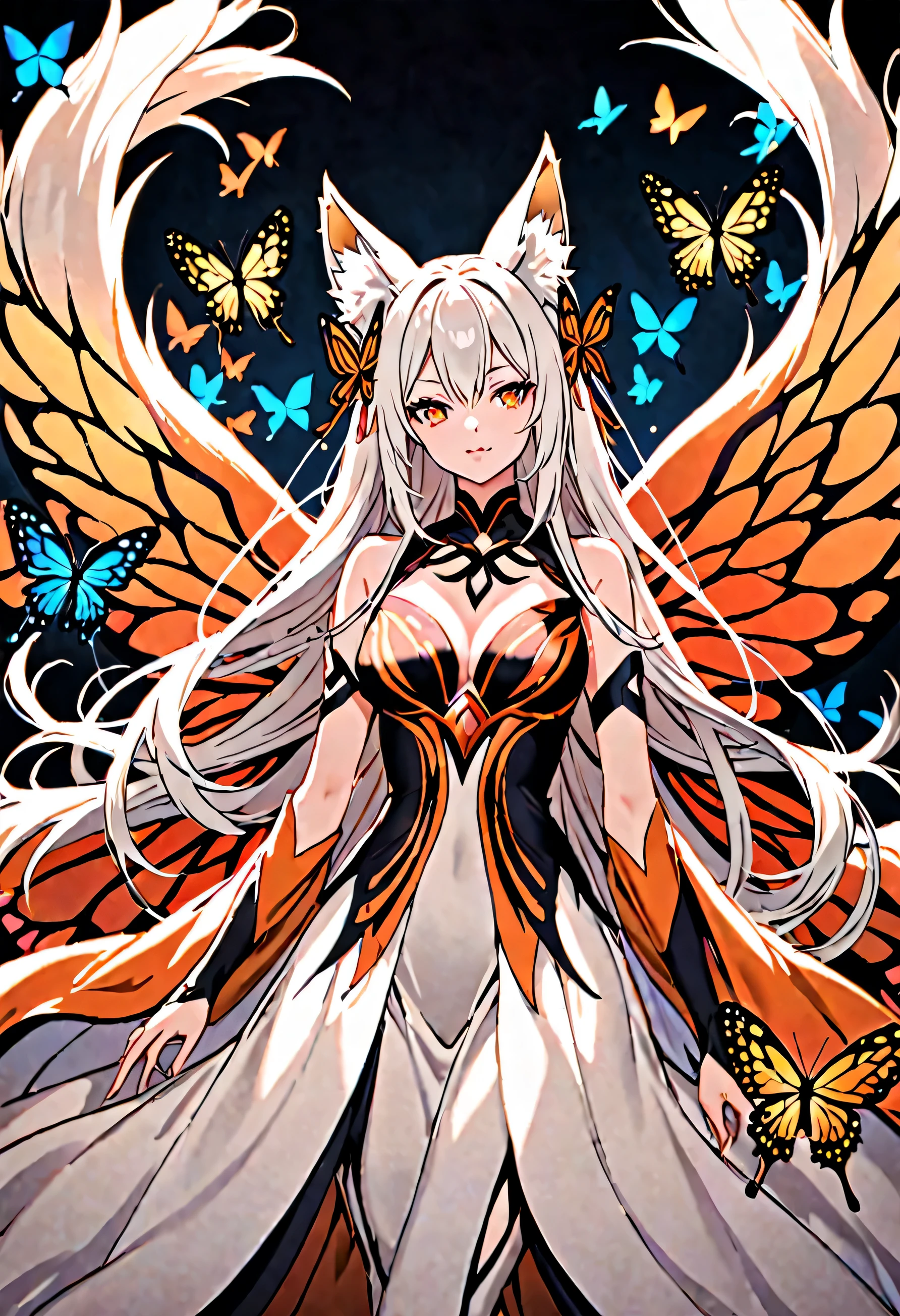 A woman with long, white hair, fox ears, 9 tails, and butterfly wings.