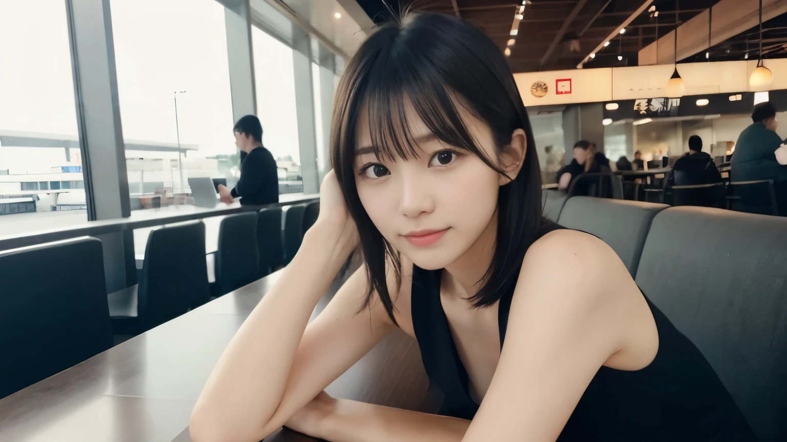 (slender girl、Long hair girl with bangs, Close-up portrait of a girl with short hair。:1.5)、(Airport cafe terraceで飛行機のフライトを待つ女の子:1.3)、(Airport cafe terrace :1.3)、(perfect anatomy:1.3)、(full hand:1.3)、(full finger:1.3)、Photoreal、Raw photo、table top、highest quality、High resolution、delicate and beautiful、perfect face、fine and beautiful eyes、Fair skin、real human skin、pores、((thin legs))、(black hair), Before leaving for overseas travel