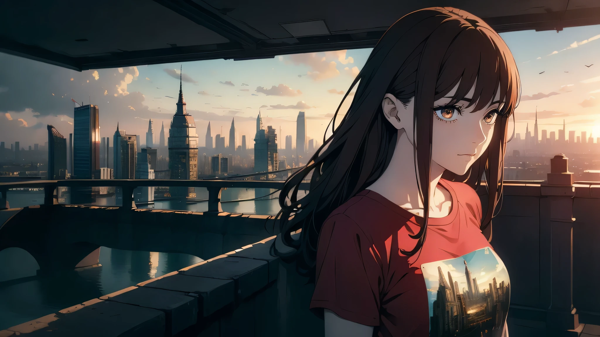 ((((masterpiece, best quality, ultra high resolution)))), 1 girl, standing, (Baggy red T-shirt, loose blue shorts), long back hair, long black hair, pale skin, ((shining brown eyes)), ((ultra fine eyes:1, Beautiful and dense face, fine eyes:0.5)), empty eyes, smile, (((Realistic cityscape)))