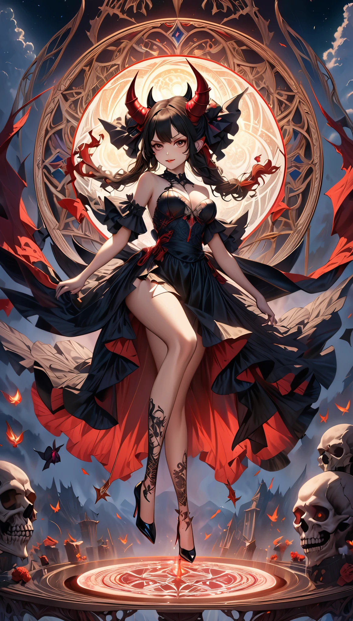 ((highest quality)),(ultra high resolution),(Super detailed),(detailed description),((The best CG)),(best work of art),super precision art,amazing drawing art,(Fantasy art with intricate detail:1.5), (Female Devil:1.6),(A beautiful face with a hint of madness:1.6),(disaster々New tattoo:1.4),(stiletto heels:1.6), (Blasphemous Magic Circle:1.8), Skull Moon, bat,