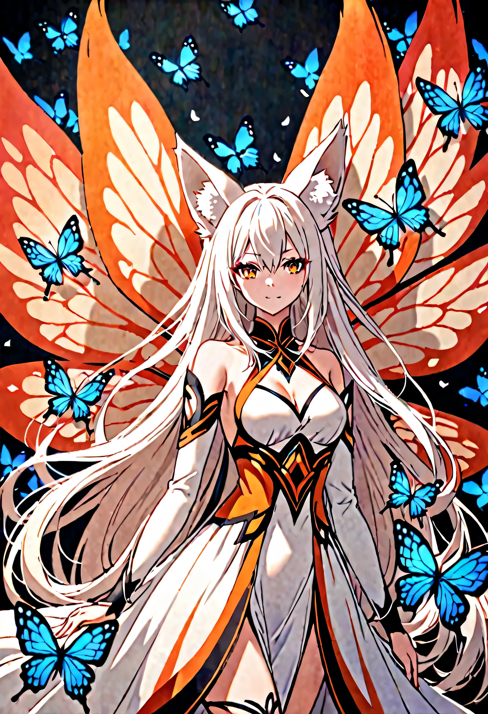 A woman with long, white hair, fox ears, 9 tails, and butterfly wings.