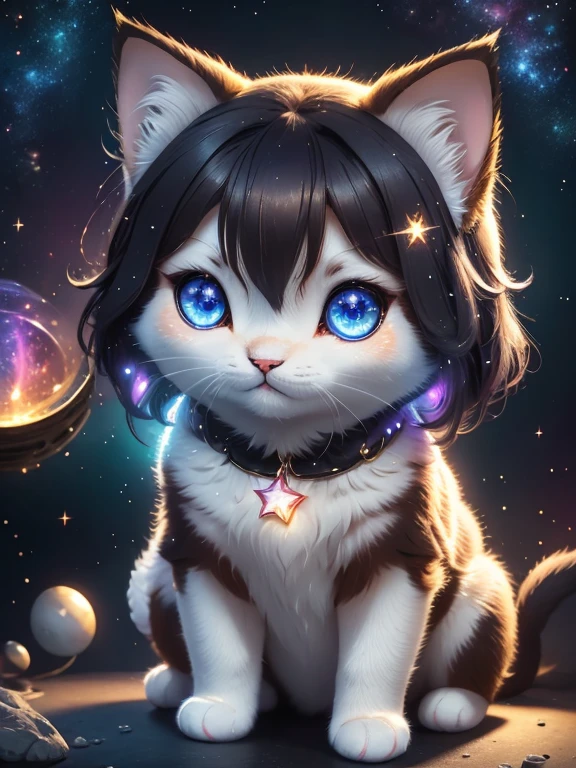 chibbi kitty, cosmic star dust fur, sitting, back paws highly detailed showed to viewer, ultra starry, ultra starry, ultra HD, cosmic, soft neon highlights, pastel tones, masterpiece, hyper realistic, kawaii, digital art  deep blackbackground,ultra long eyelashes, shinny glow eyes,sharp focus,ultra starry, cosmic, star dust texture