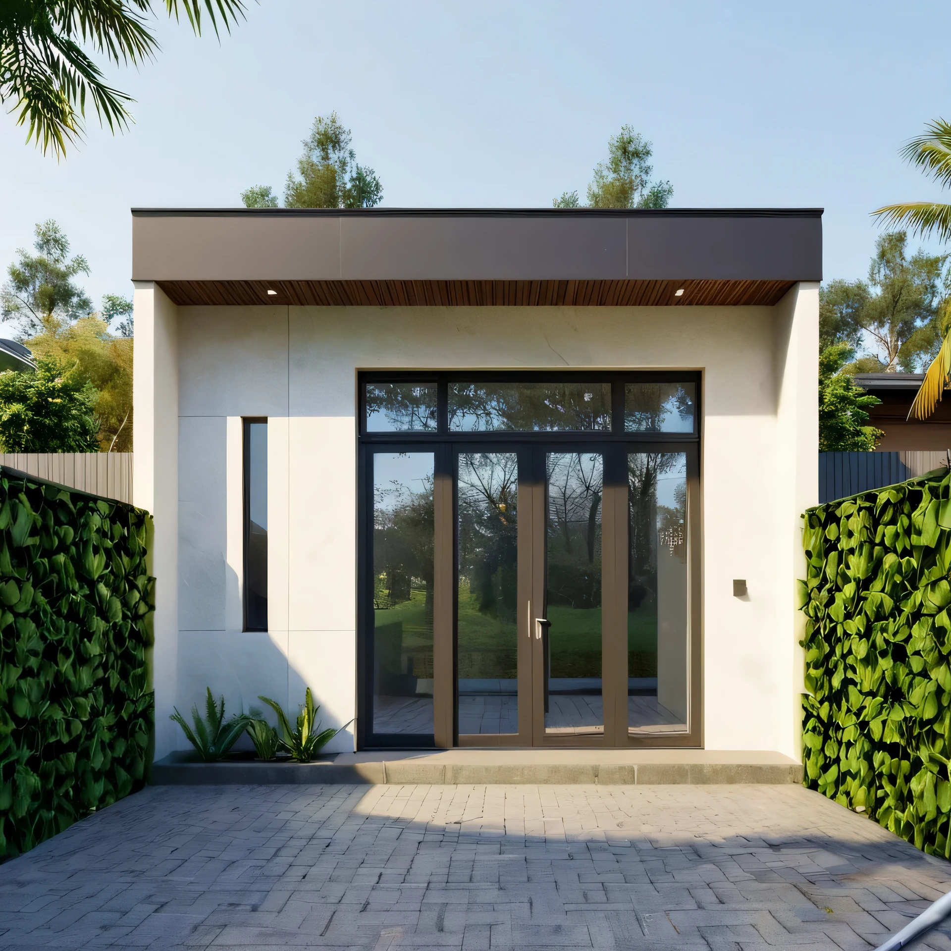 a view of a modern home with a large front yard, main material by white wall and stone and wood, 1 road runs in front of the house, (RAW photo, real, best quality, masterpiece:1.2), look morden minimalist, 1 road in front of the house, shime ring light, light brighteness from indoor:1.2, dynamic lighting:1.3, (hyper realistic, photo-realistic:1.2), high quality, day lighht, hight contrast :0.5 perfect lighting, archdaily, award winning contemporary, contemporary masterpiece, well-designed masterpiece, large modern residence, neotraditional modern, wide angle exterior 2022, midcentury modern, contemporary house, hip modern vibe, a long-shot from front, award winning modern design, stunning lines, residential, subtle detailing, light indoor:1.3