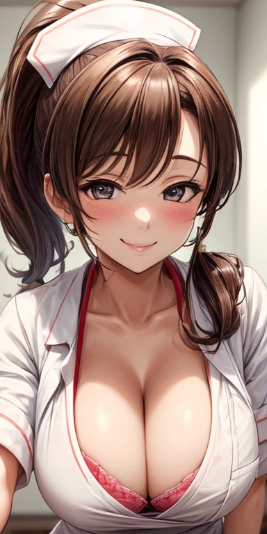 (Best quality:1.3), brown ponytail, large breasts, cleavage, nurse outfit, smiling, (pov, close shot)