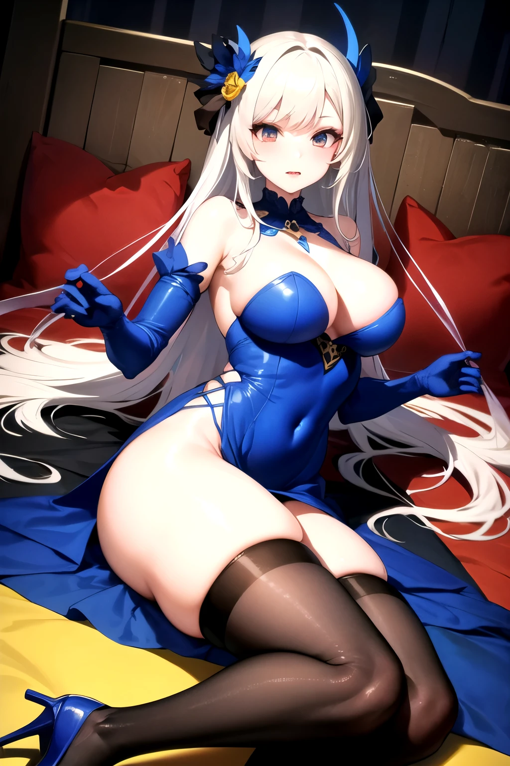 semi-transparent blue dress without lingerie below, blue heels, long hair and thigh-high stockings, big thighs