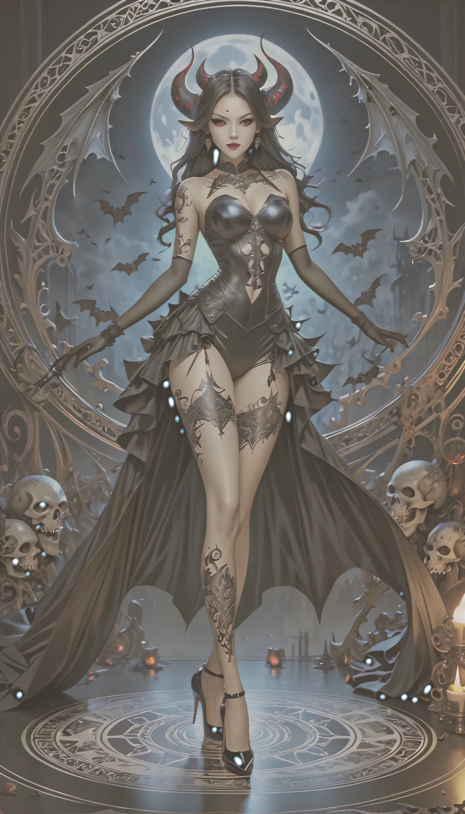 ((highest quality)),(ultra high resolution),(Super detailed),(detailed description),((The best CG)),(best work of art),super precision art,amazing drawing art,(Fantasy art with intricate detail:1.5), (Female Devil:1.6),(A beautiful face with a hint of madness:1.6),(disaster々New tattoo:1.4),(stiletto heels:1.6), (Blasphemous Magic Circle:1.8), Skull Moon, bat,