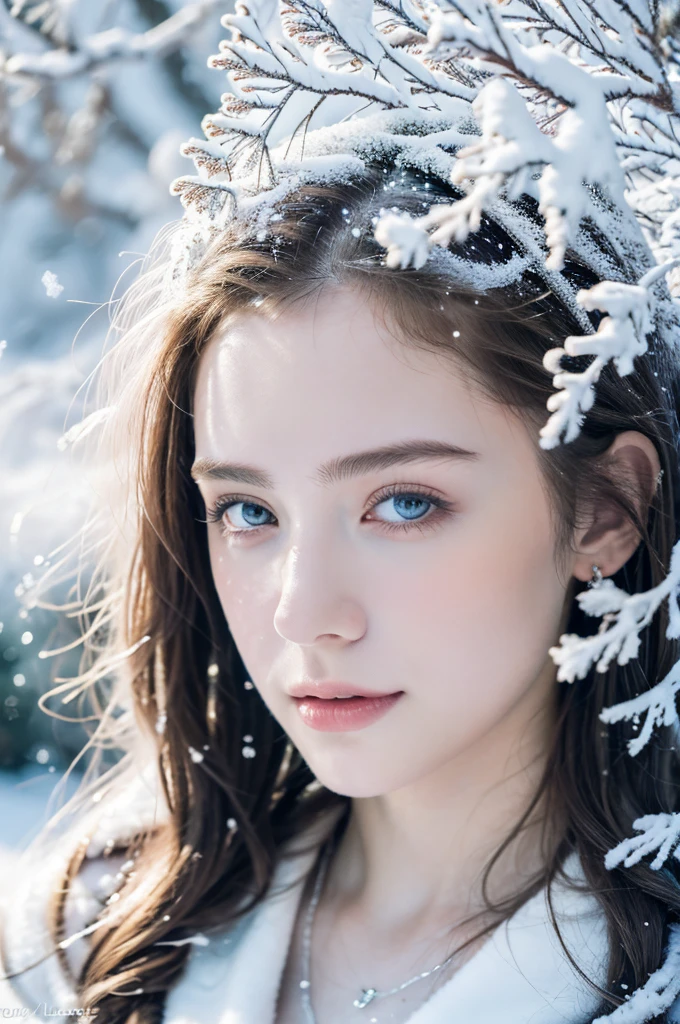 ( masterpiece, top quality, best quality,8k, girl,ultra detailed,raw photo:1.5),(photorealistic:1.4), (cinematic lighting), PerfectNwsjMajic, , Surrealism, UHD, ccurate, Super detail, textured skin, High detail, Best quality, dynamic angle, White skin,[Beautiful blue eyes], high nose,[flat chest:large breasts:0.5],(1girl),(good anatomy:0.5)),(portrait:1.5), The white,A world covered in silver, branches covered with snow, cold winter touch, Snowflakes dance like elves, Turn the world into a silver fairy tale, Cold, Peaceful and beautiful snow scene, cozy calm
