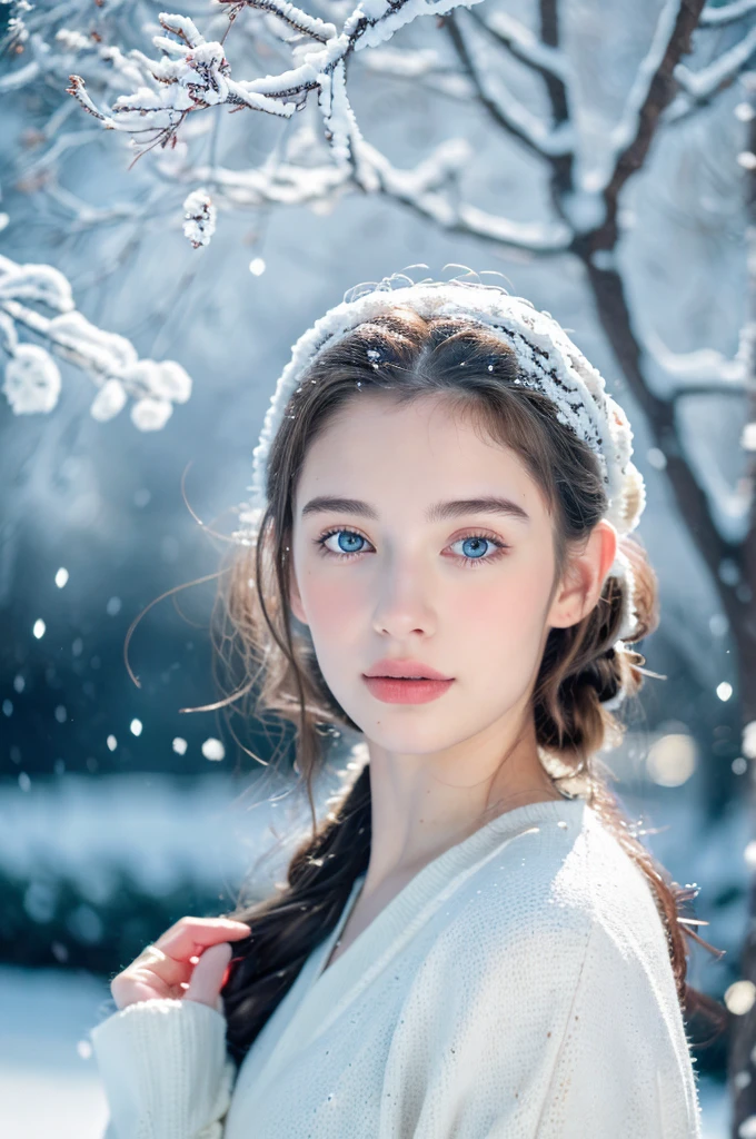 ( masterpiece, top quality, best quality,8k,17 years old girl,ultra detailed,raw photo:1.5),(photorealistic:1.4), (cinematic lighting), PerfectNwsjMajic, , Surrealism, UHD, ccurate, Super detail, textured skin, High detail, Best quality, dynamic angle, White skin,[Beautiful blue eyes], high nose,[flat chest:large breasts:0.5],(1girl),(good anatomy:0.5)),(portrait:1.5), The white,A world covered in silver, branches covered with snow, cold winter touch, Snowflakes dance like elves, Turn the world into a silver fairy tale, Cold, Peaceful and beautiful snow scene, cozy calm