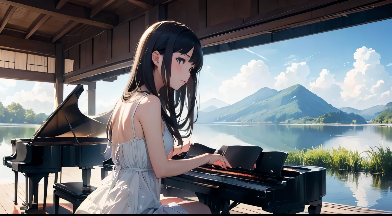 ((highest quality)), ((masterpiece)), (detailed),(High resolution:1.2),((Girl playing piano)),mysterious,lake,((dynamic)),(Mitsuro Kubo:1.1),(detailedな雲景:1.3)