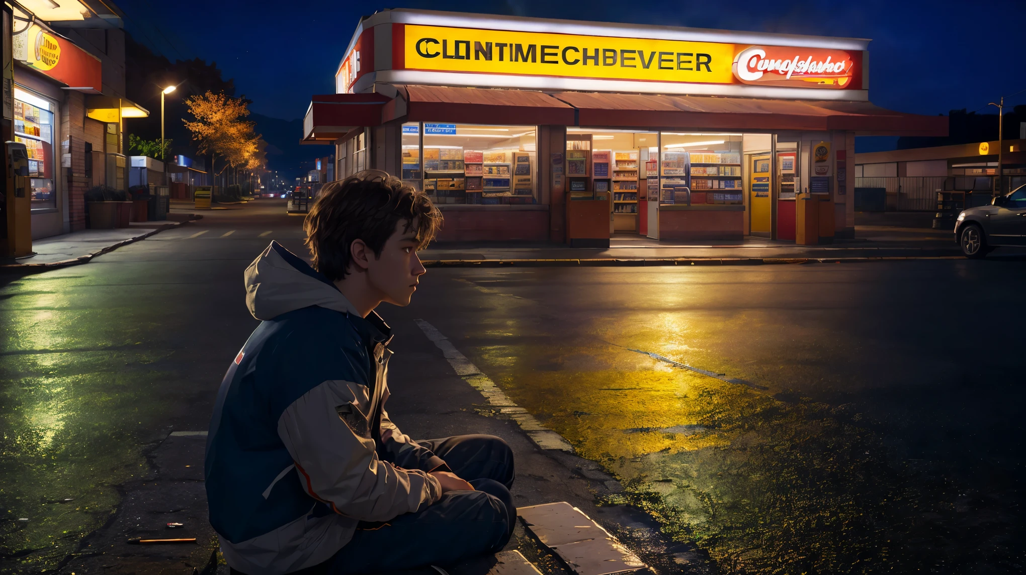 (masterpiece, 最high quality:1.2), (masterpiece, 最high quality:1.2), landscape, convenience store, Late-night convenience store, Young people sitting in front of the store, Young Impulse, alcohol and cigarettes, Unsafe, cinematic,be familiar with, in the atmosphere,with backlight,amazing, cinematic, Expect art, , beautiful scenery, realistic lighting, masterpiece, high quality, beautiful graphics, high detail, ultra be familiar with, cinematic lighting, HDR, An illustration,