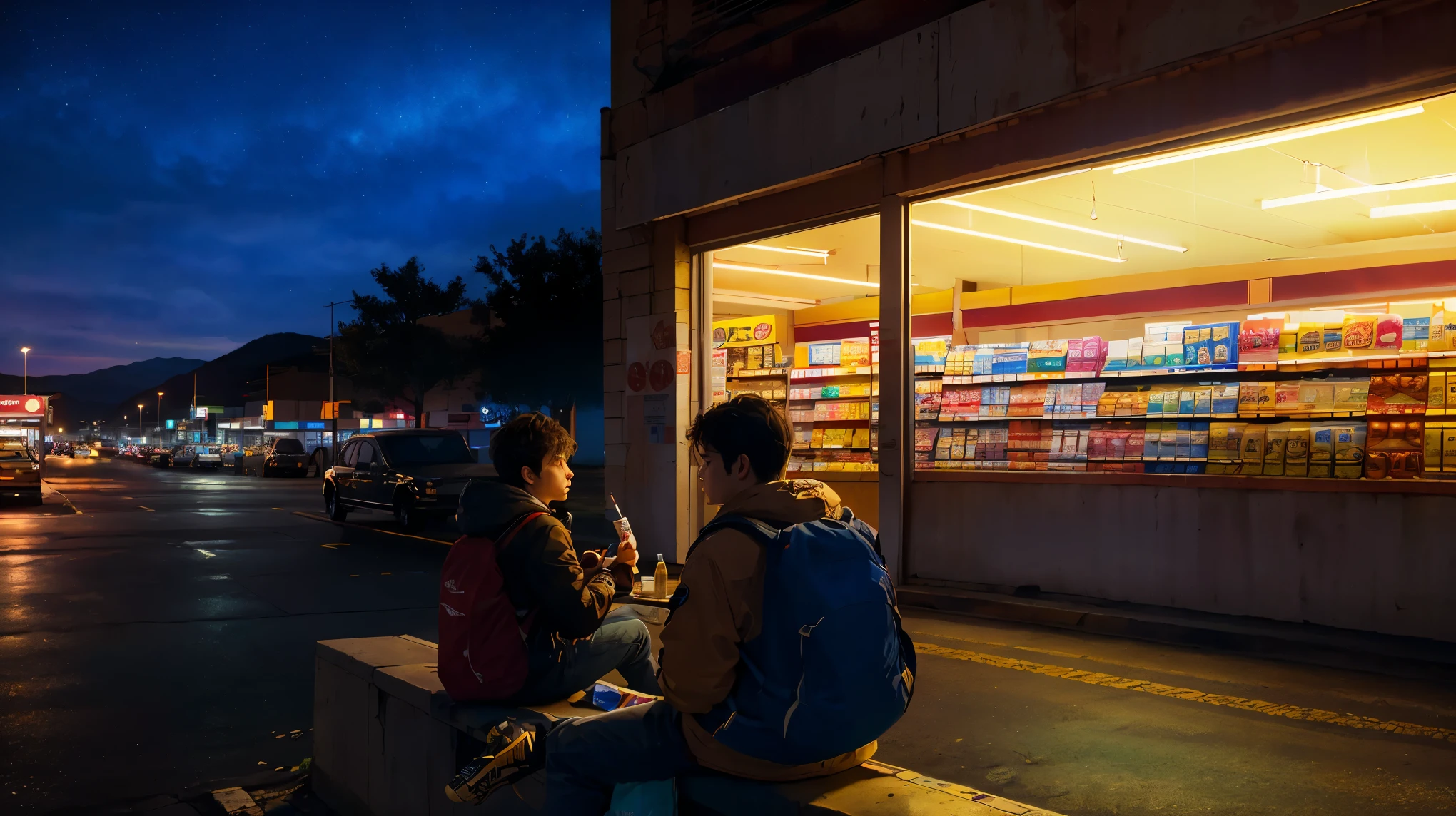 (masterpiece, 最high quality:1.2), (masterpiece, 最high quality:1.2), landscape, convenience store, Late-night convenience store, Young people sitting in front of the store, Young Impulse, alcohol and cigarettes, Unsafe, cinematic,be familiar with, in the atmosphere,with backlight,amazing, cinematic, Expect art, , beautiful scenery, realistic lighting, masterpiece, high quality, beautiful graphics, high detail, ultra be familiar with, cinematic lighting, HDR, An illustration,
