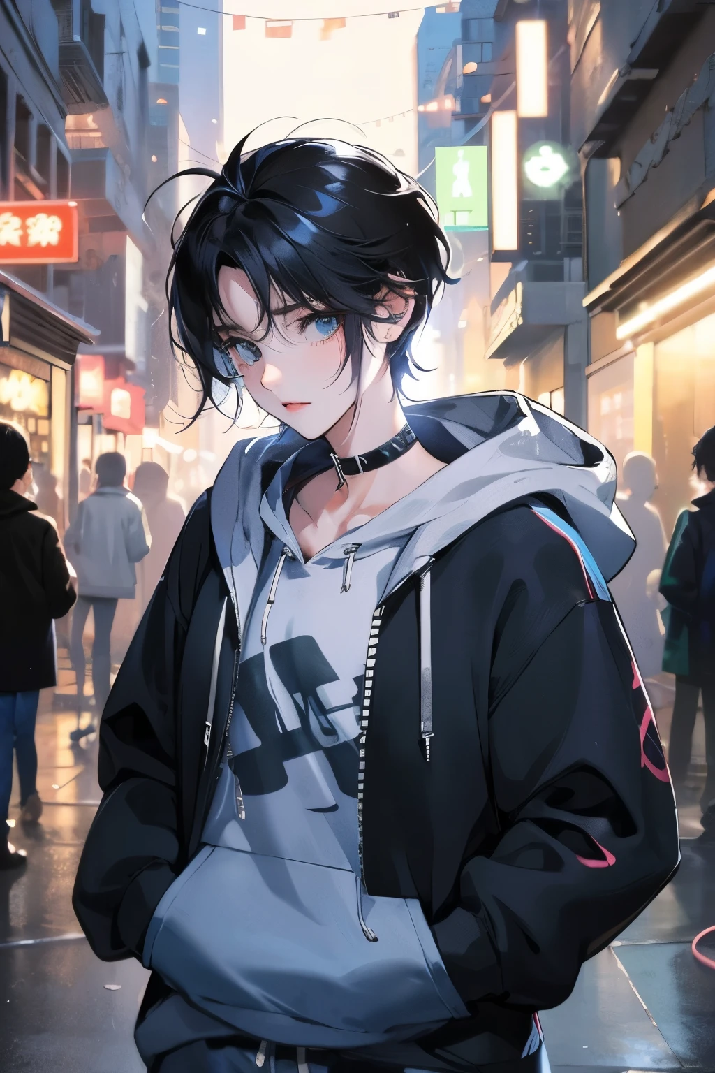 neon light、A beautiful boy is standing、black short hair、My bangs are messy、wearing a hoodie、His hands are in his hoodie pockets、