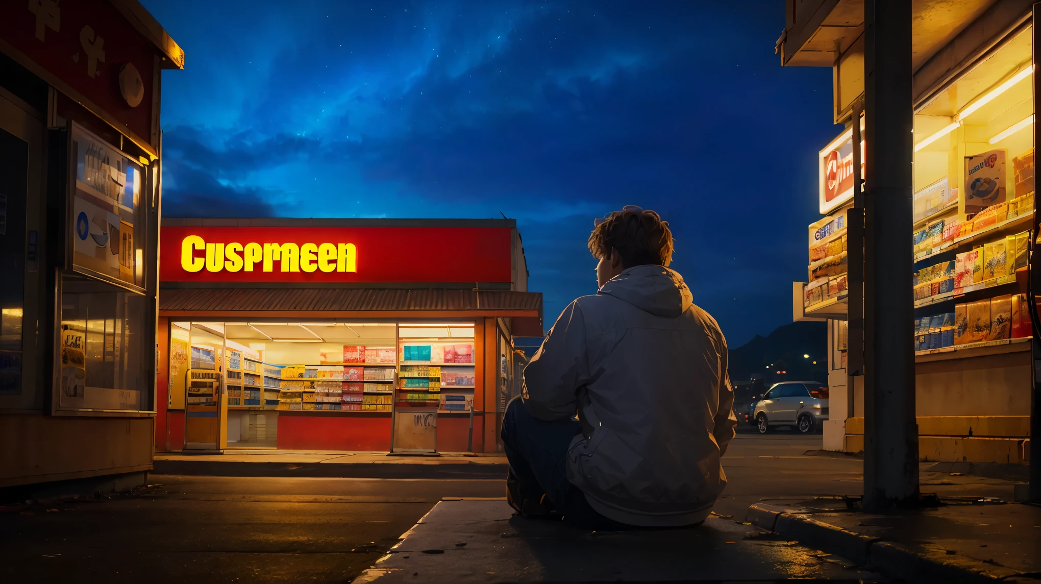 (masterpiece, 最high quality:1.2), (masterpiece, 最high quality:1.2), landscape, convenience store, Late-night convenience store, Young people sitting in front of the store, Young Impulse, alcohol and cigarettes, Unsafe, cinematic,be familiar with, in the atmosphere,with backlight,amazing, cinematic, Expect art, , beautiful scenery, realistic lighting, masterpiece, high quality, beautiful graphics, high detail, ultra be familiar with, cinematic lighting, HDR, An illustration,