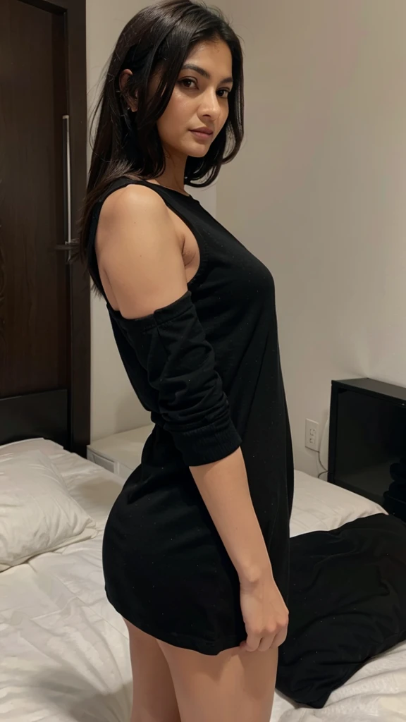 44 years old indian aunty in black nighty stand on bed