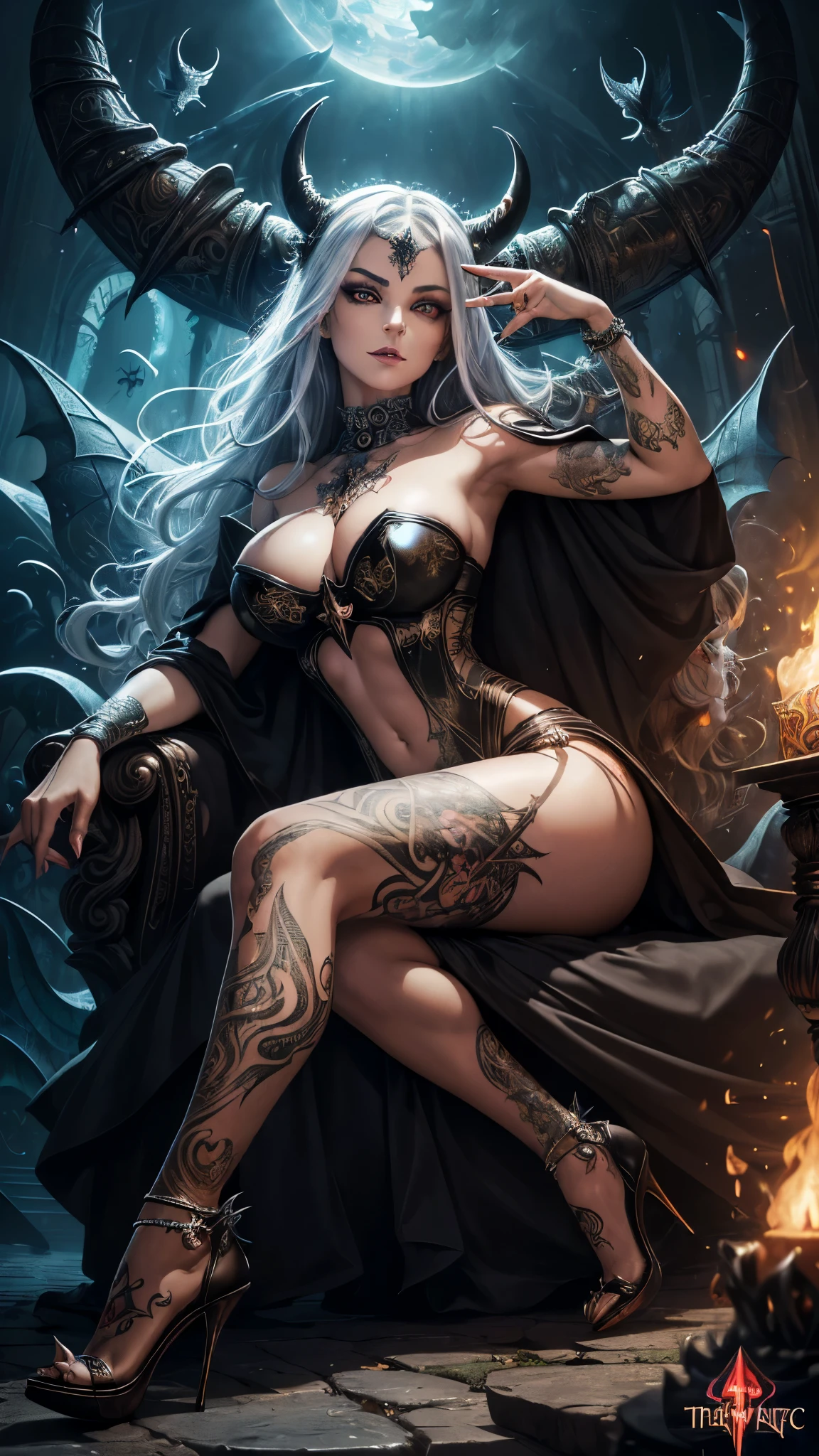 ((highest quality)),(ultra high resolution),(Super detailed),(detailed description),((The best CG)),(best work of art),super precision art,amazing drawing art,(Fantasy art with intricate detail:1.5), (Female Devil:1.6),(A beautiful face with a hint of madness:1.6),(disaster々New tattoo:1.4),(stiletto heels:1.6), (Blasphemous Magic Circle:1.8), Skull Moon, bat,
