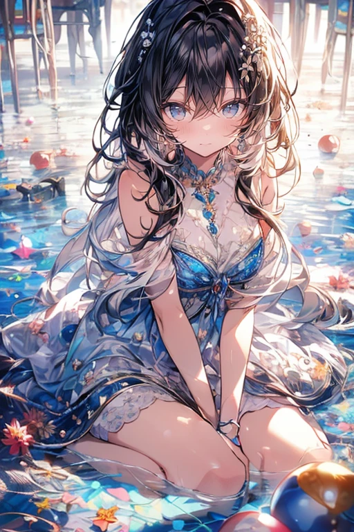  (masterpiece), (highest quality), (Super detailed),(messy hair),(shape), (1 girl), (Kindergarten child)detailed and beautiful eyes,delicate beautiful face,floating,(high color saturation),(Pearl Accessories),Pearl Ball Bubble,(shining),focus on face, Sit on a pearl ball, Panty shot,Are crying