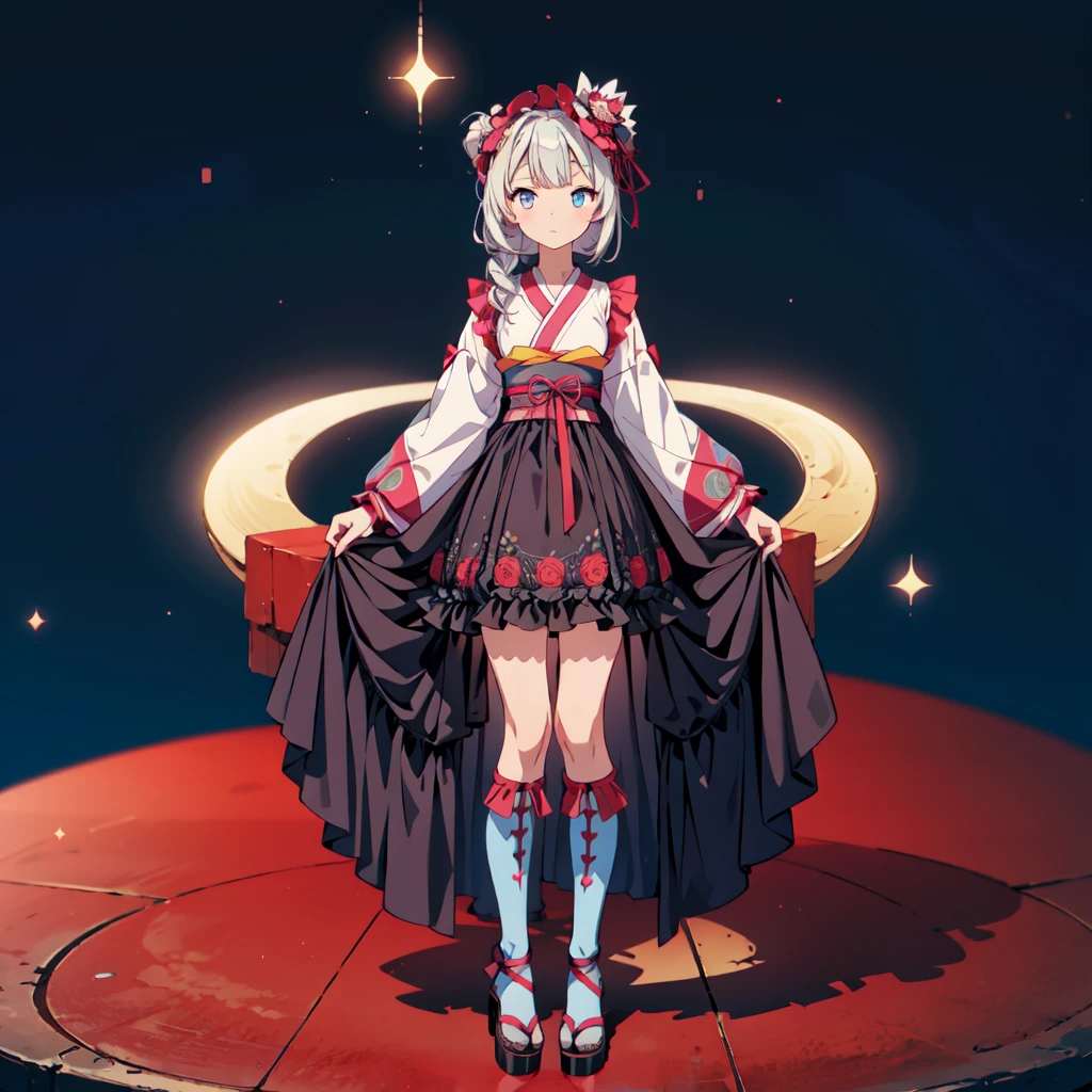 Star Fairy、(masterpiece, best quality), 1girl, sitting on the crescent moon、「A beautifully printed galaxy patterned kimono and gothic lolita outfit.、Space pattern box pleated mini skirt with ruffles、Front view portrait、Knee-high boots、enchanting eyes、Perfect and stunning face、exquisite details、clear image、highest quality。」Milky white and light blue gradient long straight hair、
