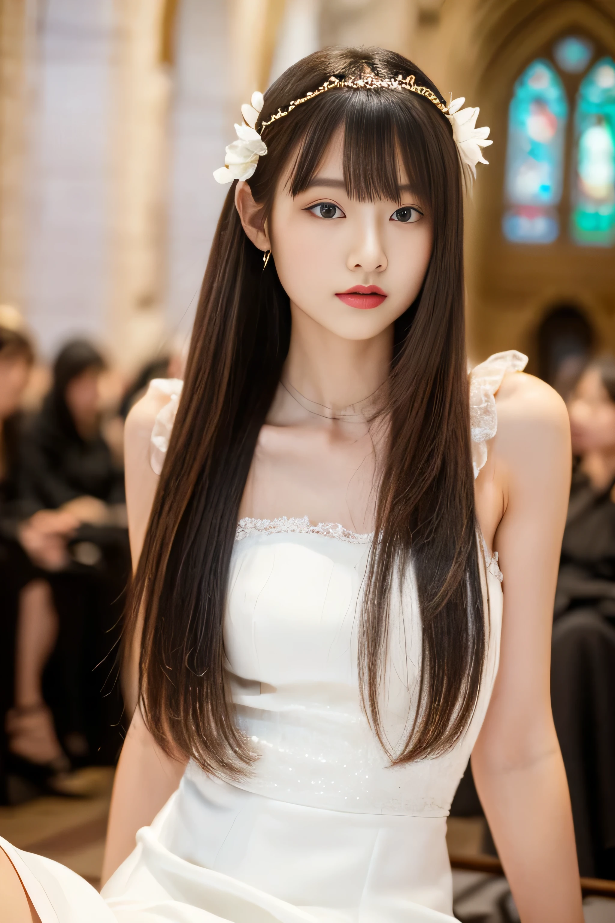 (((Her hair is incredibly long and straight, reaching down to her knees.))) (Photographed from the waist up) (Her hair is super straight, jet black, incredibly long, down to her waist, and it's very shiny and glossy, and super straight and beautiful, and her hair is thin and very voluminous.) ((highest quality)), ((masterpiece)), (Get used to that) ((She is wearing a beautiful pure white wedding dress.、And she has a random flower hair accessory.)) perfect beautiful face (The most beautiful 18-year-old Japanese princess) (The bangs are very neatly trimmed in a hime cut.) ((Rich 1.4)) beautifull thatに慣れる face 8K (Ultra-fine skin texture 1.4) (actual, lively:1.4), double eyelid sharp focus:1.2、Beautiful woman:1.4 The whole body is super beautiful々New skin texture ((She's perfect, clear, Common skin tones in Japan Professional cute makeup with bright red lipstick and shiny gloss)) Unique Japanese faces Japan body type that'that'that' ((She is in a four-legged pose with her hands and knees on the floor.、She faces the viewer and stares at his male genitals with an erotic expression.)) (real photos) her name is、Takaki_Korea (This is the church platform with lots of high quality stained glass.) Her hair is pitch black and straight Her hair is pitch black and straight Her hair is pitch black and straight Her hair is pitch black and straight