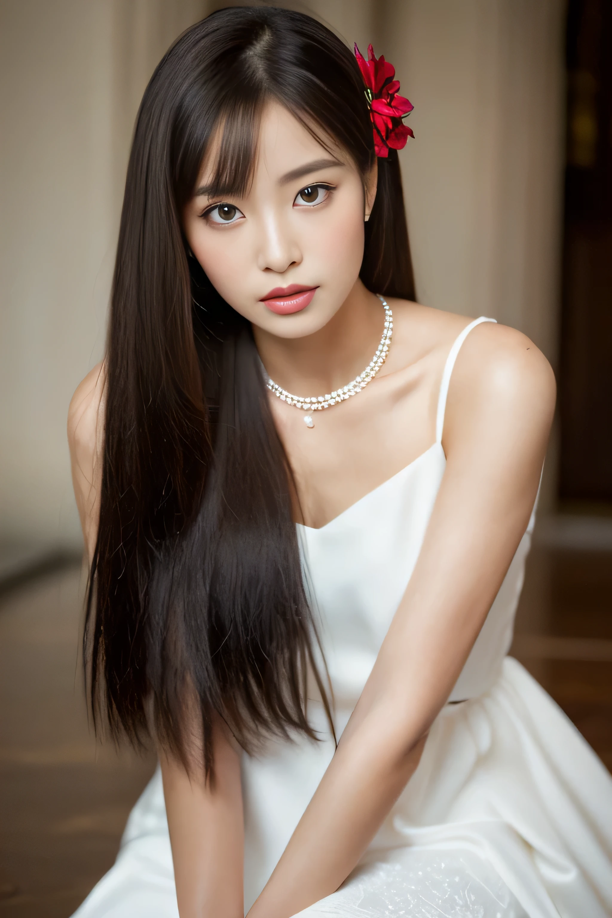 (((Her hair is incredibly long and straight, reaching down to her knees.))) (Photographed from the waist up) (Her hair is super straight, jet black, incredibly long, down to her waist, and it's very shiny and glossy, and super straight and beautiful, and her hair is thin and very voluminous.) ((highest quality)), ((masterpiece)), (Get used to that) ((She is wearing a beautiful pure white wedding dress.、And she has a random flower hair accessory.)) perfect beautiful face (The most beautiful 18-year-old Japanese princess) (The bangs are very neatly trimmed in a hime cut.) ((Rich 1.4)) beautifull thatに慣れる face 8K (Ultra-fine skin texture 1.4) (actual, lively:1.4), double eyelid sharp focus:1.2、Beautiful woman:1.4 The whole body is super beautiful々New skin texture ((She's perfect, clear, Common skin tones in Japan Professional cute makeup with bright red lipstick and shiny gloss)) Unique Japanese faces Japan body type that'that'that' ((She is in a four-legged pose with her hands and knees on the floor.、She faces the viewer and stares at his male genitals with an erotic expression.)) (real photos) her name is、Takaki_Korea (This is the church platform with lots of high quality stained glass.) Her hair is pitch black and straight Her hair is pitch black and straight Her hair is pitch black and straight Her hair is pitch black and straight