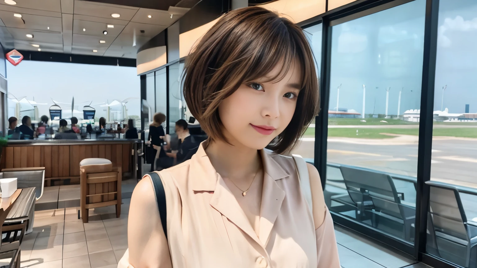 Realistic female beauty salon model,　bob style hairstyle、Inside the airport cafe terrace,　A stylish cafe at the airport