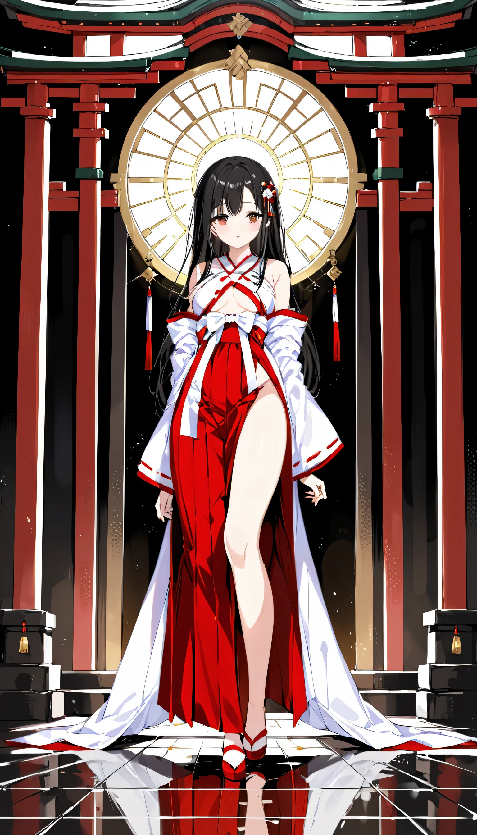 Beautiful white and shining skin、Black hair that changes depending on the light、Cheek gloss highlights、the most beautiful face in the world、small face beauty、golden ratio、full body shot、Beautiful woman with perfect body、Medium chest、solo、sexy、natural soft light、shrine maiden、(shrine maiden costume、white clothes、red hakama)、shrine、