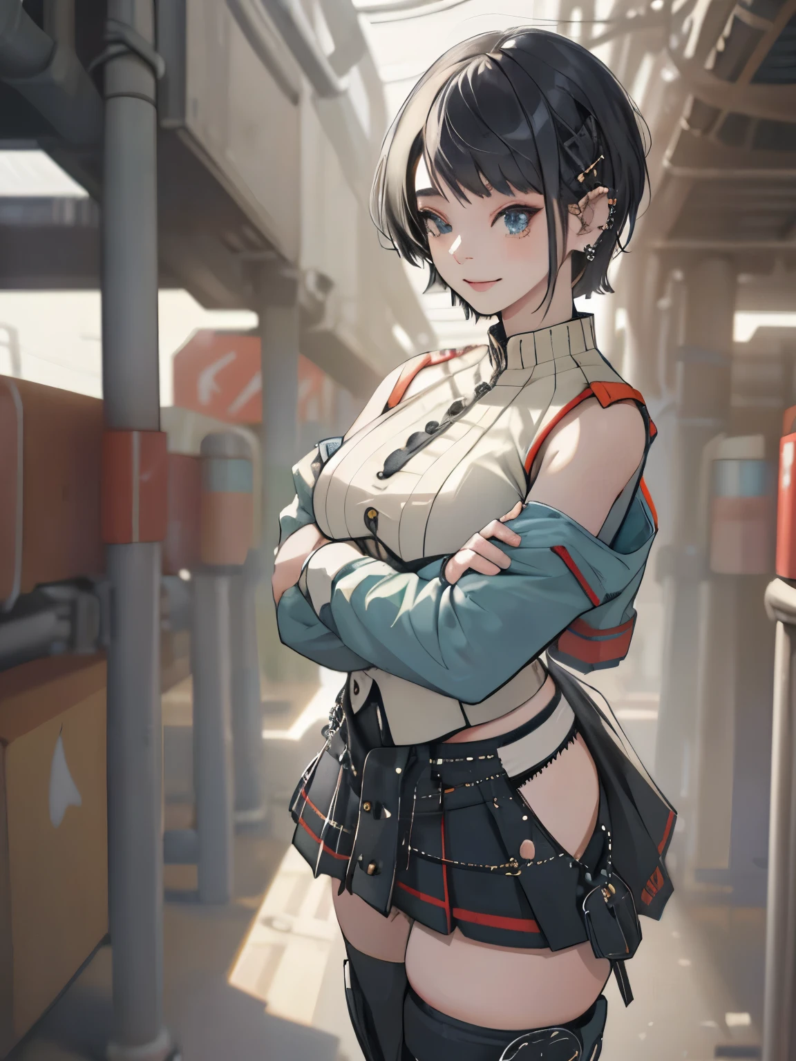  female spread your legs ,  above、Best Quality, masutepiece, photo of an actress, Beautiful, Watching the viewer、Background white、Nike、Piercing Woman、piercings、A smile、colourful hair, Black shorts、Blunt bangs、(a black skirt)、1girl in, Solo, Photorealsitic, hight resolution, Cowboy (highest quality,High resolution:1.2),super detailed,(realistic:1.37) (girl),  female , anime style, (Fat:1.4) , cyber punk , full body tight suit , (:0.9) , (chest:1.1) , (muscular:1.3) , (abs:1.1) , (thick arms:1.4) , thick thighs , huge  female ,  short hair ,   , spread your legs , cyborg girl , robot joint , robot shoulder ,