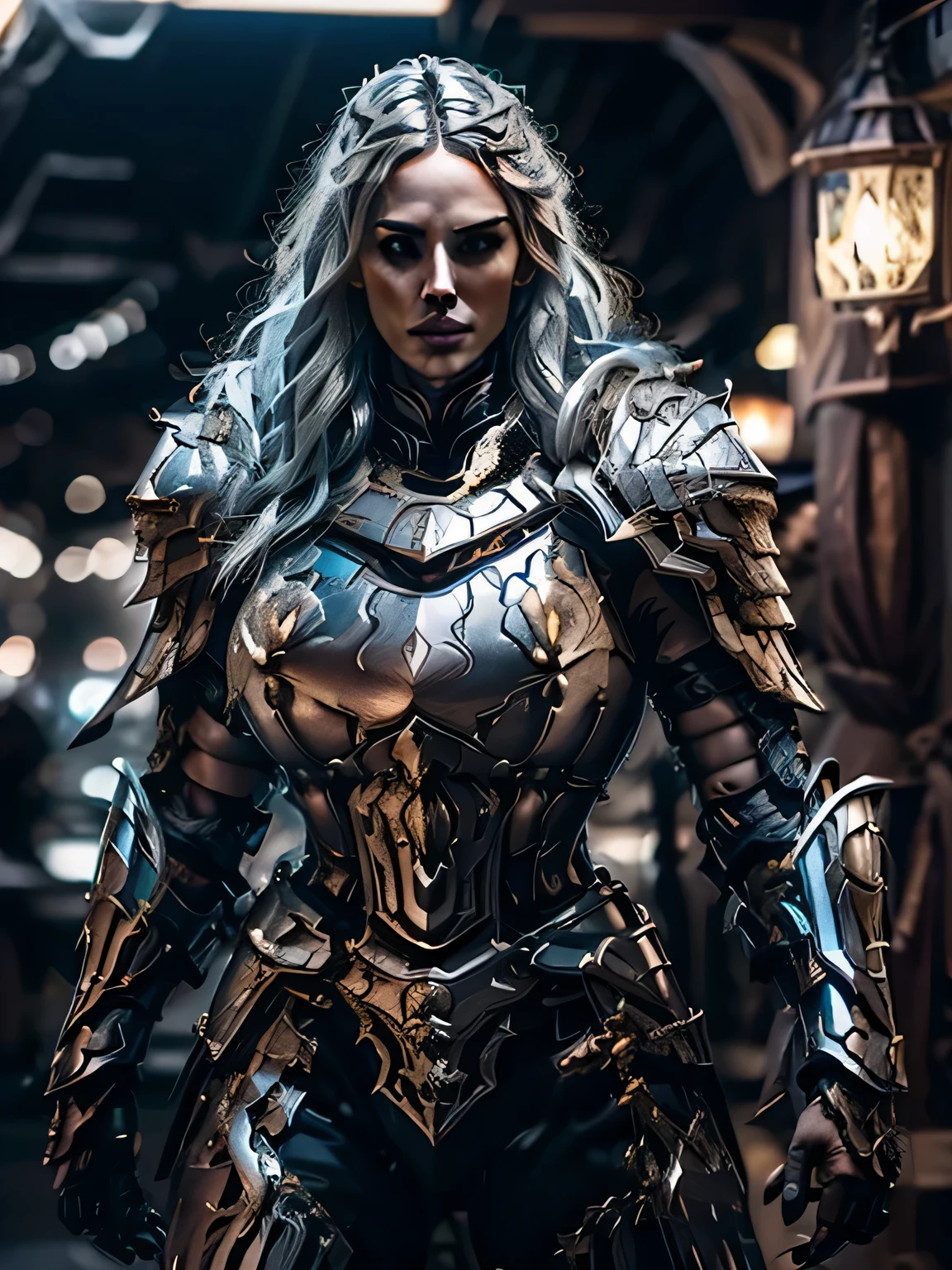 8K,asgard female warrior with very big breasts,Super beautiful(like the real thing),black very large chest armor,realistic skin,luxury black pants,Has a large, long black spear,sexy,muscular slim body,ripped abs,black shoulder armor,black waist armor,black leg armor,desert, rich colors, Backlight, cinematic lighting, film grain, RAW, 50mm lens,nikon D850,ultra high resolution,Super realistic,goddess,battle scene,action scene,action pose,shine a light on the face, long wavy blue hair, the Witcher, the Witcher armor, yennefer, sensual warrior woman, sensual girl