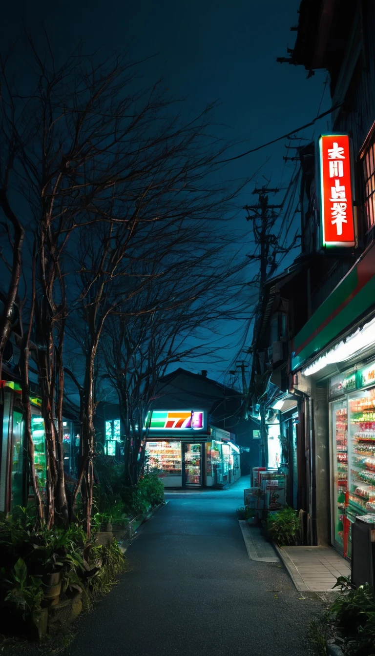 (((Midnight at 7/11 store, japan))), (front view of convinience store), light , neon, (night), dark, dark horror theme, thriller, ruined, ruined village, lots of flying butterflies, scary town, evil ghost, forest in Japan, japanese, eerie whispers, sinister aura, hauntingly pale skin, dark and twisted branches, flickering candlelight, macabre elements, spectral apparitions, gothic art style, chilling and atmospheric, eerie and ominous lighting.