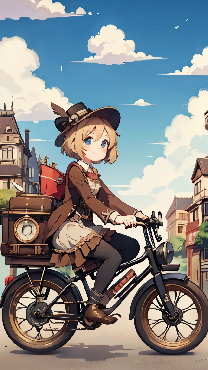 steampunkai。one girl。Postman。Ride a bike through the city。smile。The background is blue sky and white clouds、Victorian style streetscape。