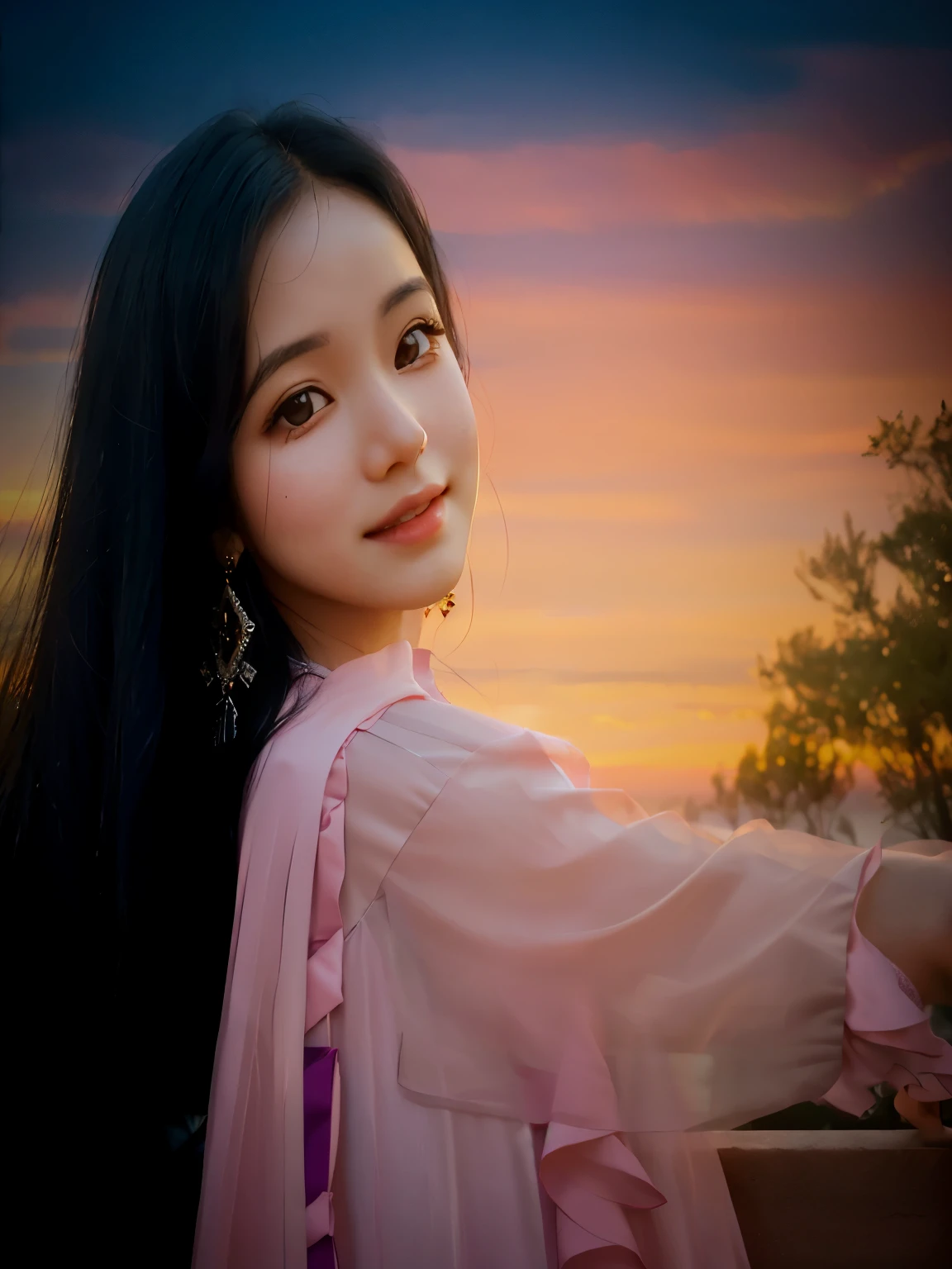 arafed woman with long black hair and pink dress posing for a picture, with sunset, during sunset, soft portrait shot 8 k, during golden hour, beautiful portrait photo, color photograph portrait 4k, with lovely look, photo taken with canon 5d, at sunrise, with a beautifull smile, at a beautiful sunset, portrait shot 8 k, edited in photoshop