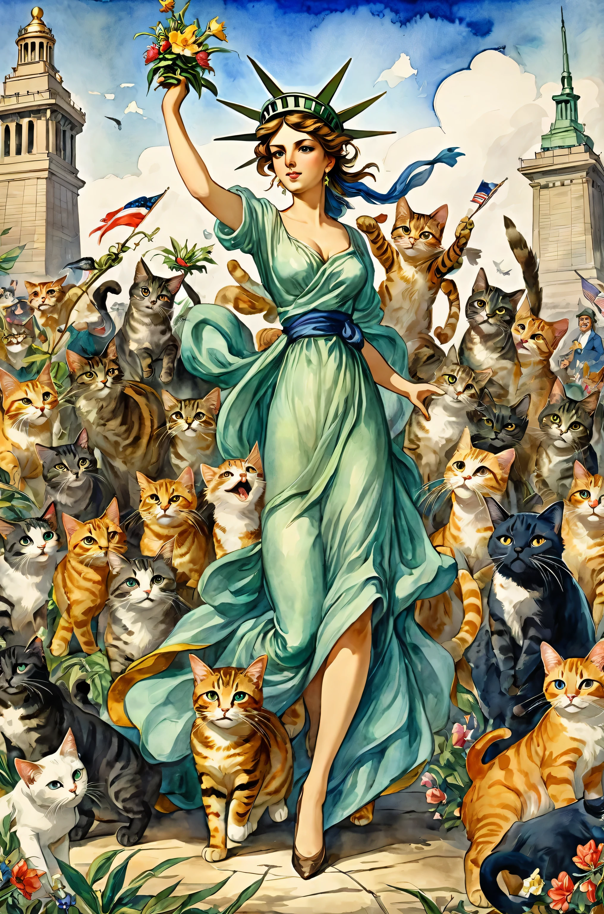 Vigene Delacroix&#39;s「Statue of Liberty Leading the People」、All the characters are anthropomorphized cats、Expressive cat、High resolution, highest quality, highest quality, Paid rewards available, an unparalleled masterpiece, perfect artwork, disorganized, High quality illustrations, 超High resolution, detailed background,　By Vigène Delacroix、Watercolor and ink、intricate details、fantasy、beautiful、fantasy、Plant sproutemory、nature、flower garden、perfect composition、Artistic style watercolor sketch、big stroke、Finished with ink、thin line、highest quality、masterpiece

