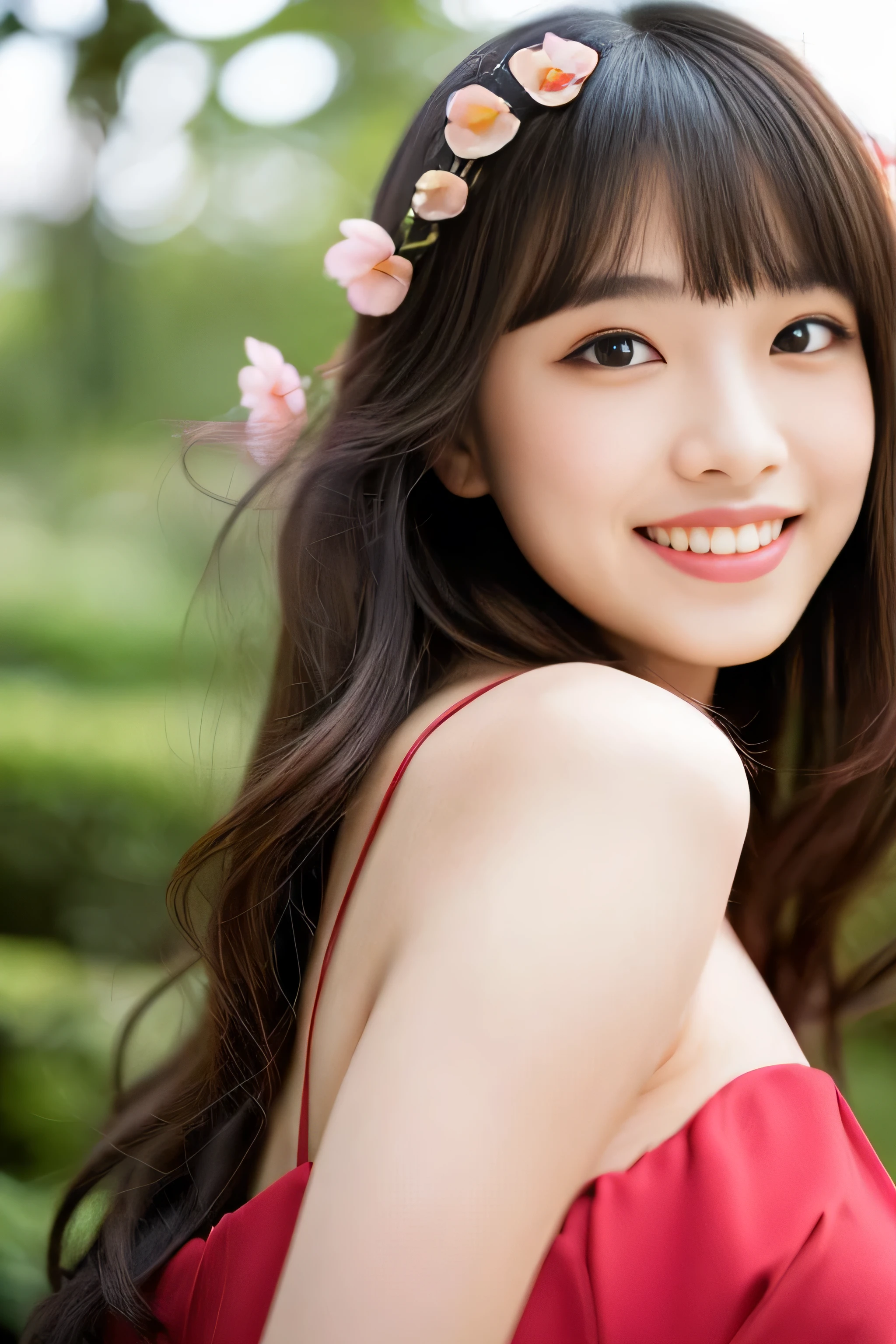 A close up of a woman with long hair wearing a red dress - SeaArt AI