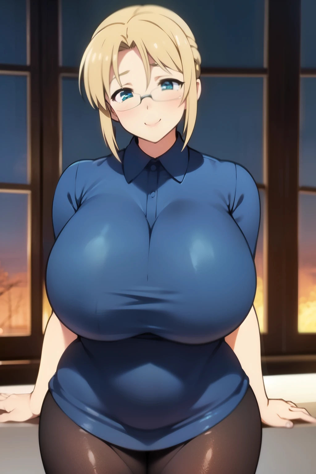 (8K,Raw photo,highest quality,masterpiece:1.2),24 year old woman with a perfect body,blonde,beautiful face,highly detailed face and eyes,smile,A business-style collared shirt that fits snugly against the skin,Fitted Spandex Apricot Pencil Skirt,(huge breasts:1.2),white underwear,See through,on the balcony,evening,cowboy shot,standing pose,provocative pose