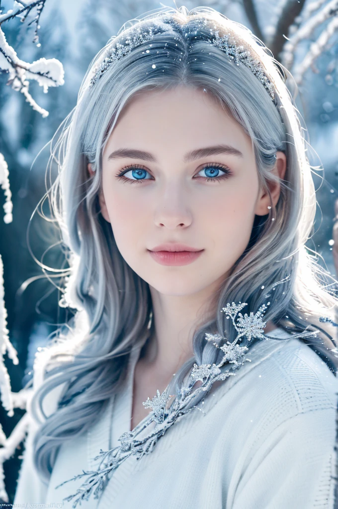 ( masterpiece, top quality, best quality,8k,17 years old girl,ultra detailed,raw photo:1.5),(photorealistic:1.4), (cinematic lighting), PerfectNwsjMajic, , Surrealism, UHD, ccurate, Super detail, textured skin, High detail, Best quality, dynamic angle, White skin,[Beautiful blue eyes], high nose,[flat chest:large breasts:0.5],(1girl),(good anatomy:0.5)),(portrait:1.5), The white,A world covered in silver, branches covered with snow, cold winter touch, Snowflakes dance like elves, Turn the world into a silver fairy tale, Cold, Peaceful and beautiful snow scene, cozy calm,dress,white hair
