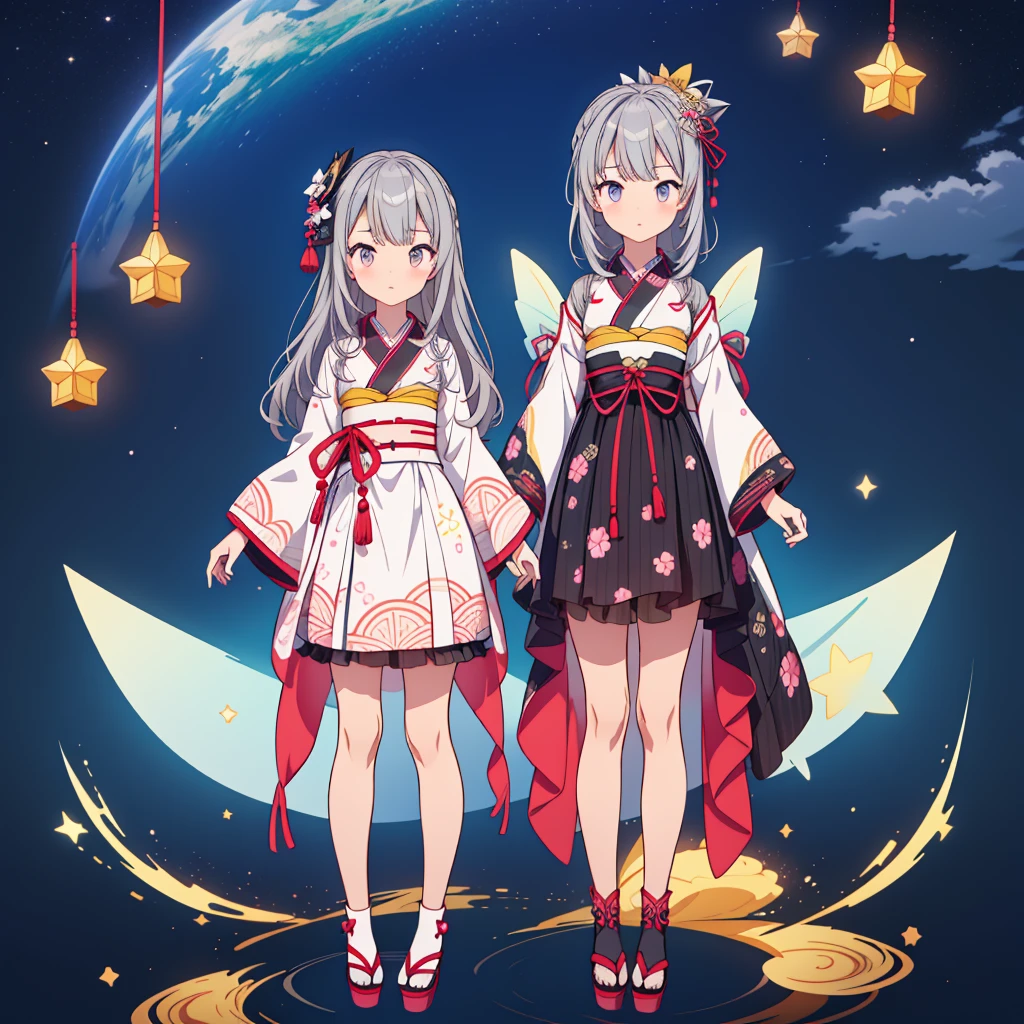 highest quality、8K,handsome face、vtuber-halfbody、A picture of the front straight towards the viewer、Star Fairy、Full body front portrait、front、1girl,highest quality、masterpiece、official art、Super detailed、super beautiful、Cute Star Fairy、Gray hair straight long、Milky Way、universe、star charm、star、baby face、Knee-high boots、Japanese pattern dress、A beautiful girl wearing black and white clothes that are a remake of a yukata.、Oiran frill dress reminiscent of universe、