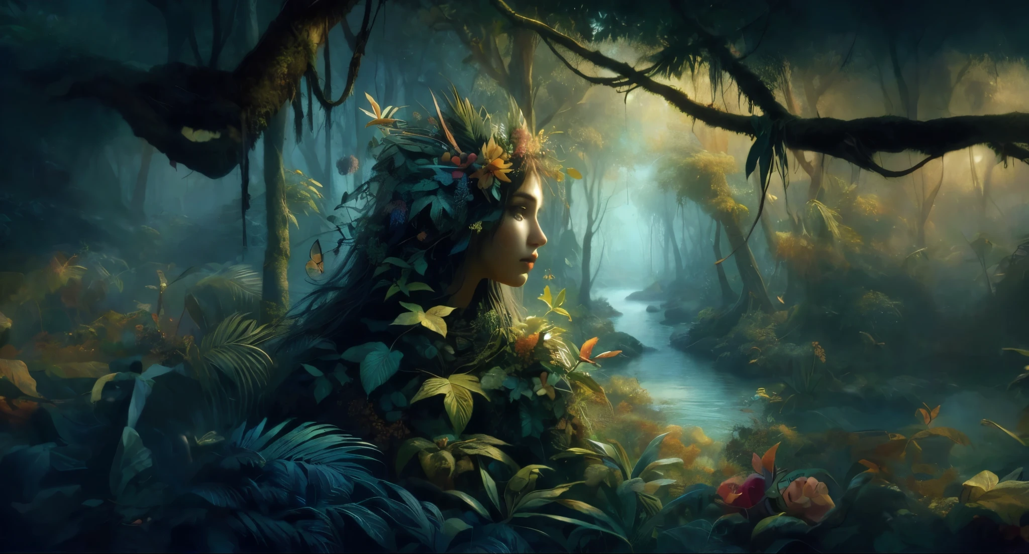 Mysterious beautiful woman in the jungle、Beautiful landscape of jungle like Henri Rousseau&#39;s painting、Healing, fantastical and realistic expressions、Artistic expression of oil painting、random composition、fantasy illustration、fairy tale、((highest quality)), ((High resolution 16k)), ((The woman and the background are realistic and beautiful.)), --automatic