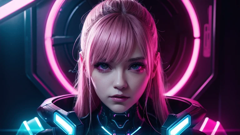 1 girl, pink neon ,android, female cyborg , cyber punk, club,dim lighting, neon signs,fc portrait, neon,cyber punk, futuristic ,EDM,Club Music,