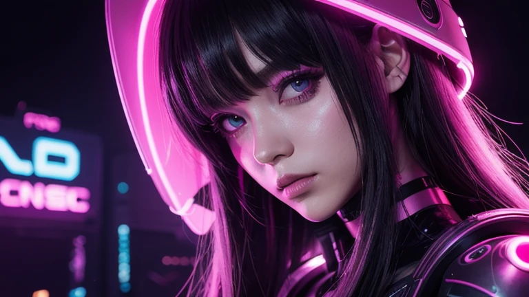 1 girl, pink neon ,android, female cyborg , cyber punk, club,dim lighting, neon signs,fc portrait, neon,cyber punk, futuristic ,EDM,Club Music,