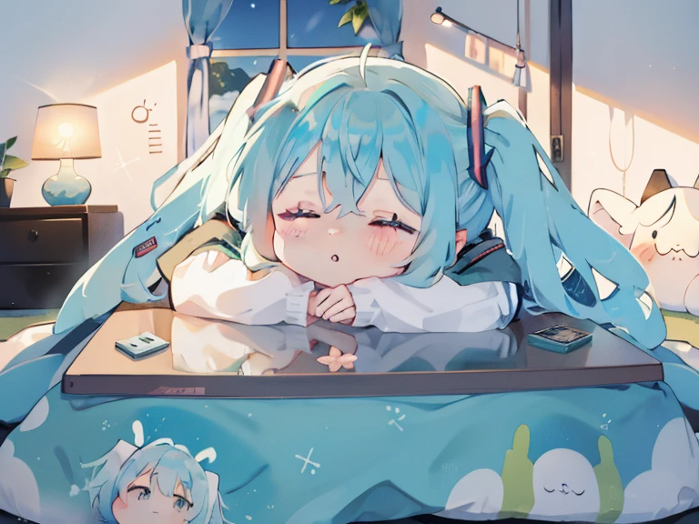 1 girl in, ((miku hatsune))、sleep、Kotatsu, The table, sleepeace, down face, Light blue hair, Winters, Upper body,mikan, reflective light,, Ultras_Detailed:1.2