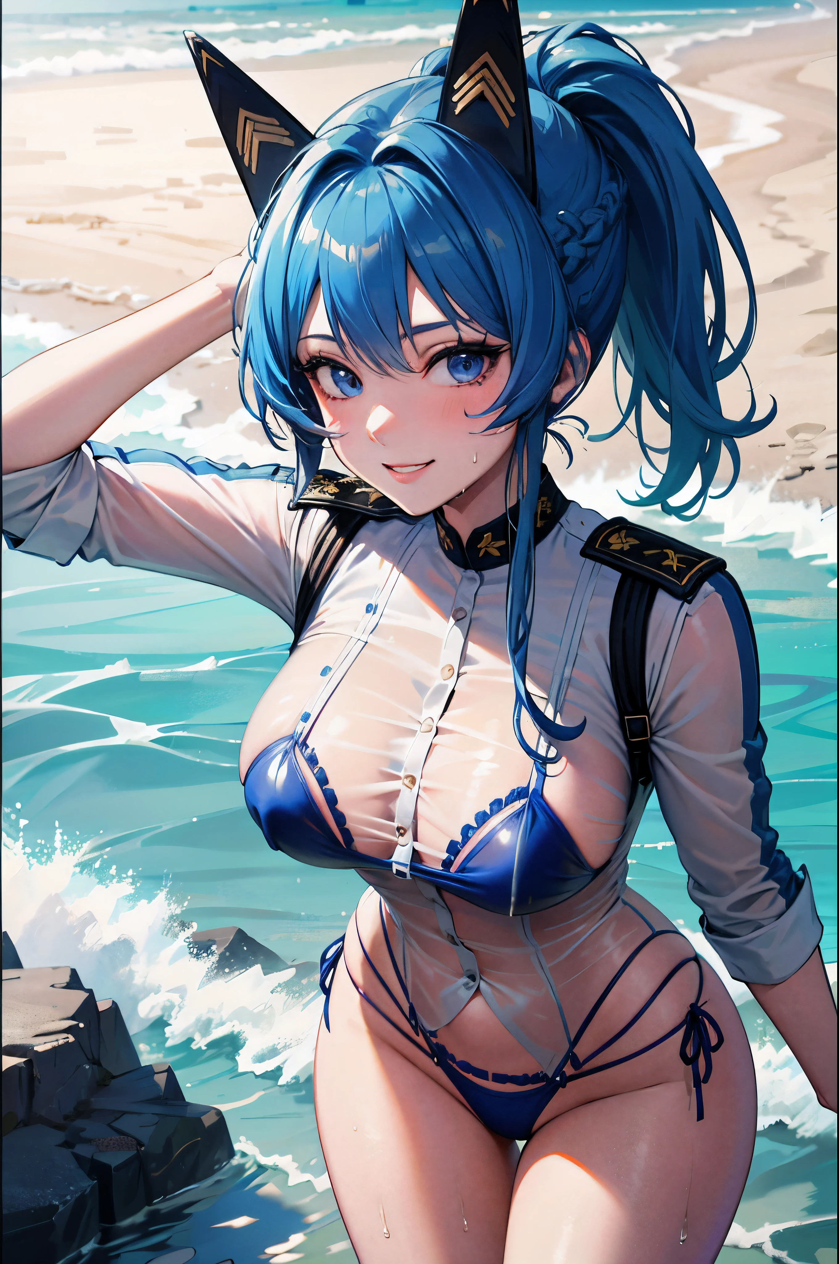 (masterpiece:1.3),(highly detailed:1.3),(highres:1.1),best quality,Ultra-detail,1girl,solo,beach,jelo-helm \(aquamarine\),fake animal ears,white shirt,wet shirt,see-through shirt,blue bikini,bikini under shirt,ooking at viewer,smile,sexy