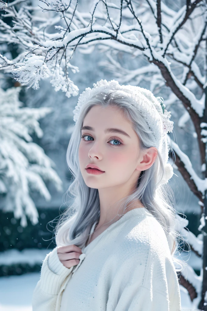 ( masterpiece, top quality, best quality,8k,17 years old girl,ultra detailed,raw photo:1.5),(photorealistic:1.4), (cinematic lighting), PerfectNwsjMajic, , Surrealism, UHD, ccurate, Super detail, textured skin, High detail, Best quality, dynamic angle, White skin,[Beautiful blue eyes], high nose,[flat chest:large breasts:0.5],(1girl),(good anatomy:0.5)),The white,A world covered in silver, branches covered with snow, cold winter touch, Snowflakes dance like elves, Turn the world into a silver fairy tale, Cold, Peaceful and beautiful snow scene, cozy calm,dress,white hair