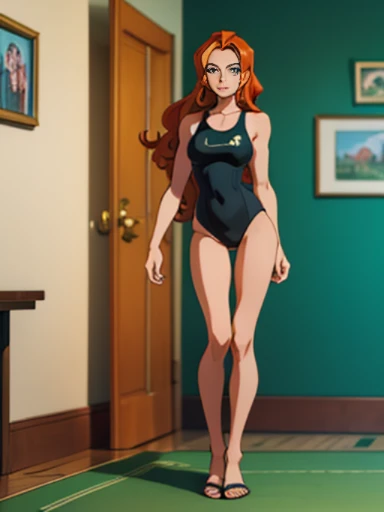 (masterpiece, best quality), full body portrait sam \(totally spies\), orange hair, long hair, green eyes, ((wearing black one piece swimsuit)), standing in a room