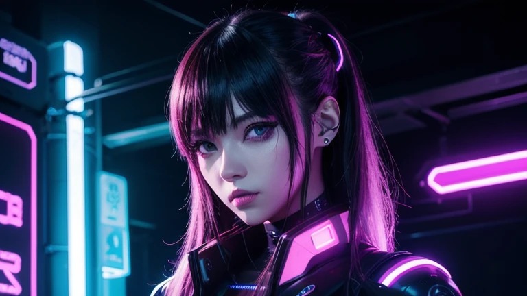 1 girl, ライトグリーン neon ,android, female cyborg , cyber punk, club,dim lighting, neon signs,fc portrait, neon,cyber punk, futuristic ,EDM,Club Music,